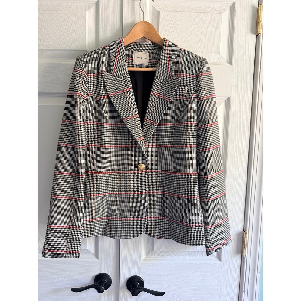 Court & Rowe Plaid Blazer Gold Button Houndstooth Jacket Red Black White